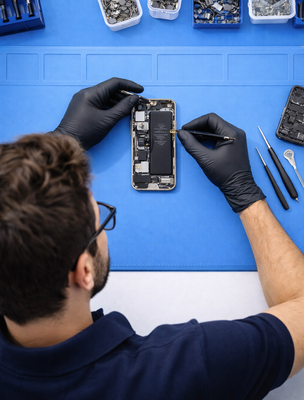 Technician repairing an iPhone on a clean workbench with tools from overhead view